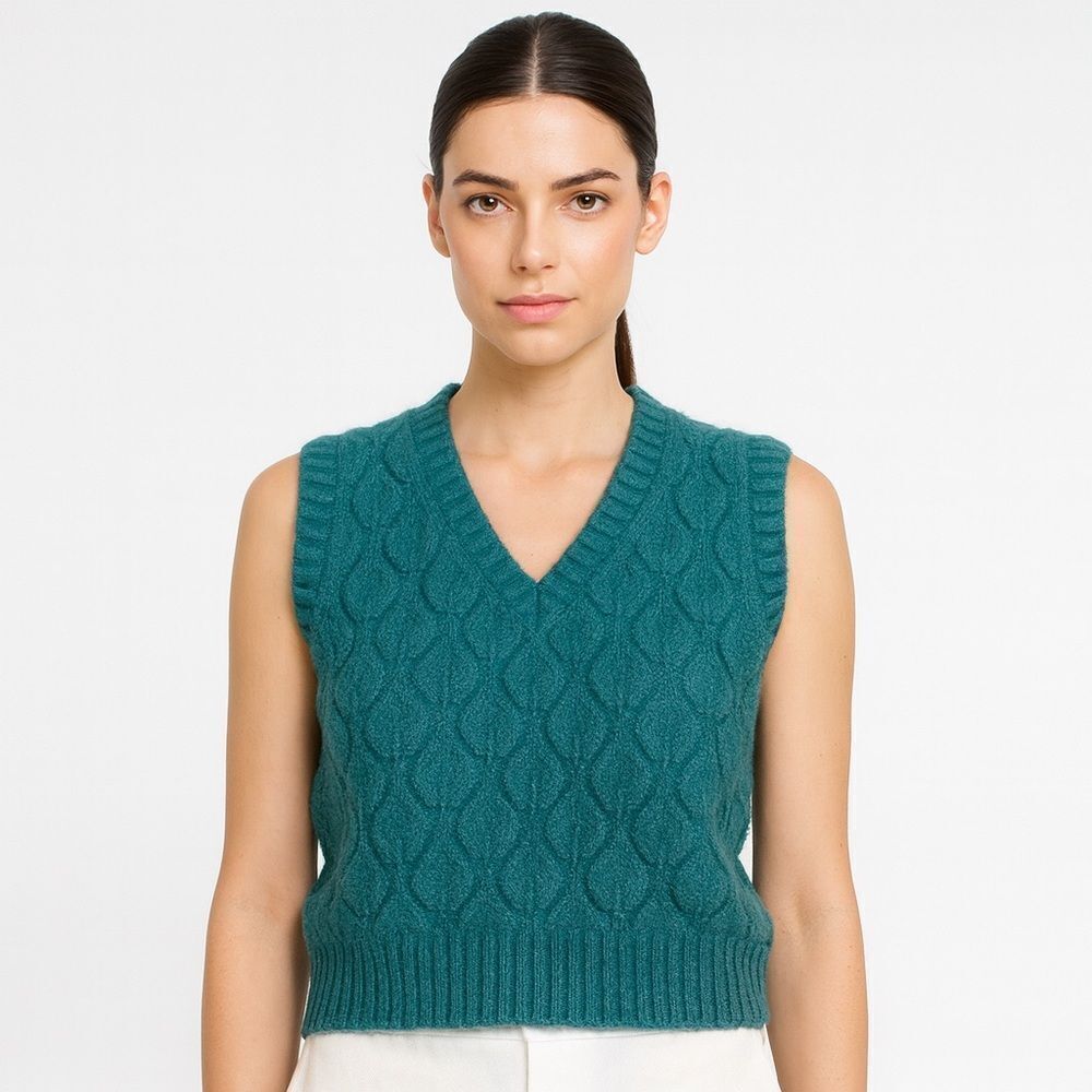 Self Contrast Teal Green Blue V-Neck Cable Knit Sweater Vest